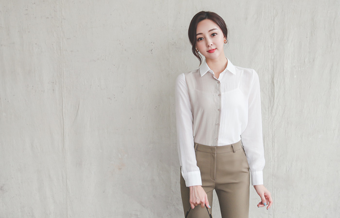 シースルー ハーフ 配色 シャツ カラー ブラウス