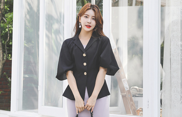 バルーン スリーブ レタリング ゴールドボタン ピンタック ジャケット