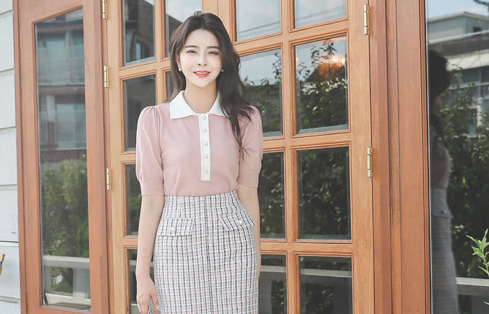 カラー配色 真珠 パフ袖 ニット トップ