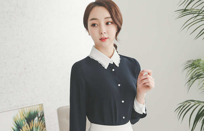 ロマンチックレースカラー配色ブラウス