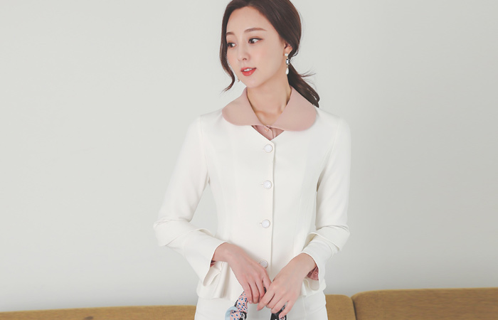 レディー カンカン ラッフル 袖 アンデイーグ ボタン ノーカラー ジャケット