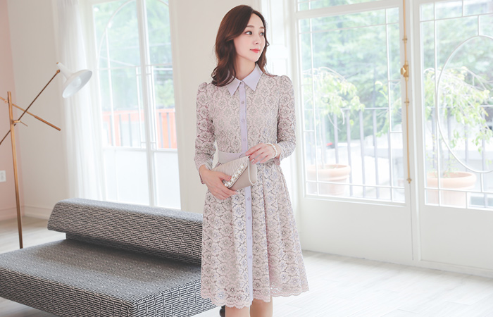 ロマンチック 配色 レイス ベルティード フレア ワンピース