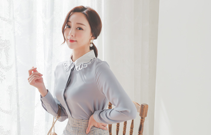 パンチング ウエーブ カラー 配色 ブラウス