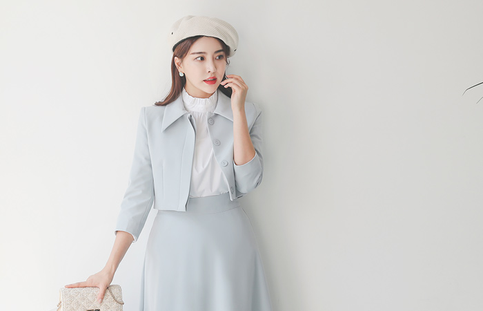 レディー 隠しボタン スリム 弾力 ショートジャケット