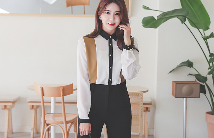 トリプル 配色 ゴールドボタン 襟シャツ ブラウス