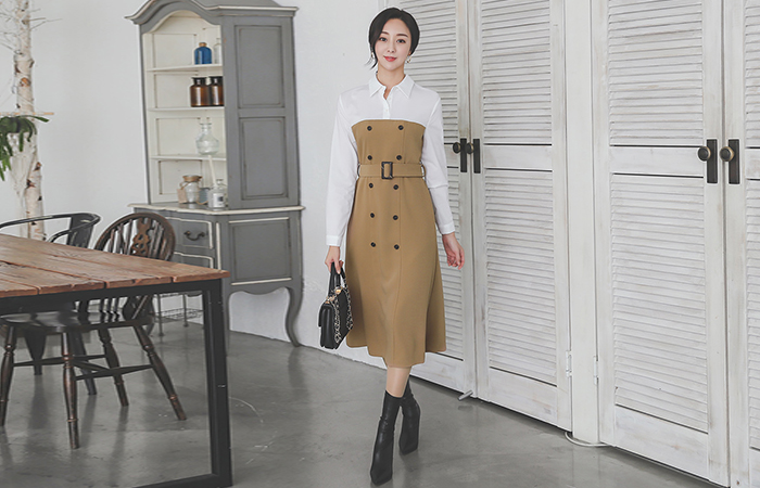 配色 襟シャツ ベルティード トレンチ ワンピース