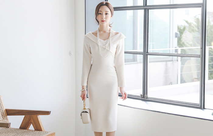 イブニング繻子オフショルダー弾力ワンピース