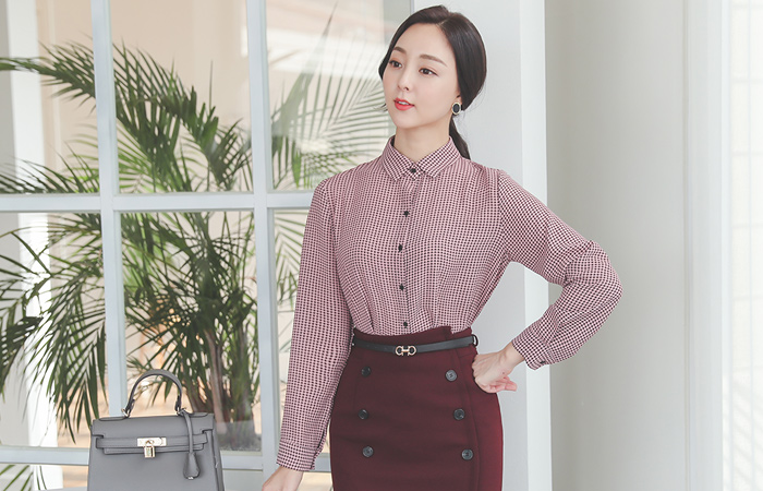 モノ ハウンドトゥース チェック パタン ブラウス