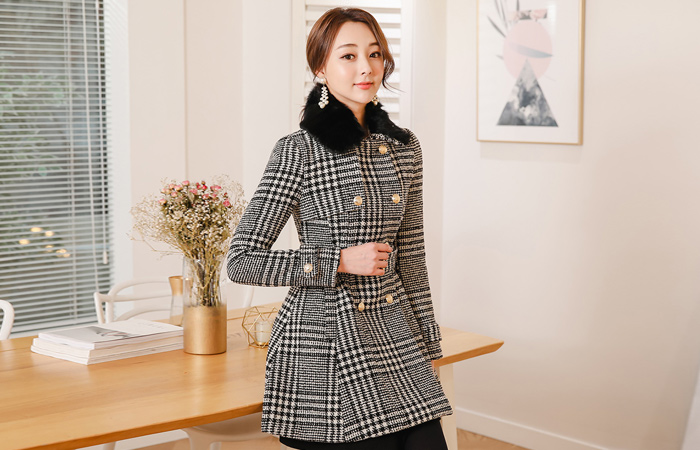 リアルラビットファーカラーグレンチェックダブルコート