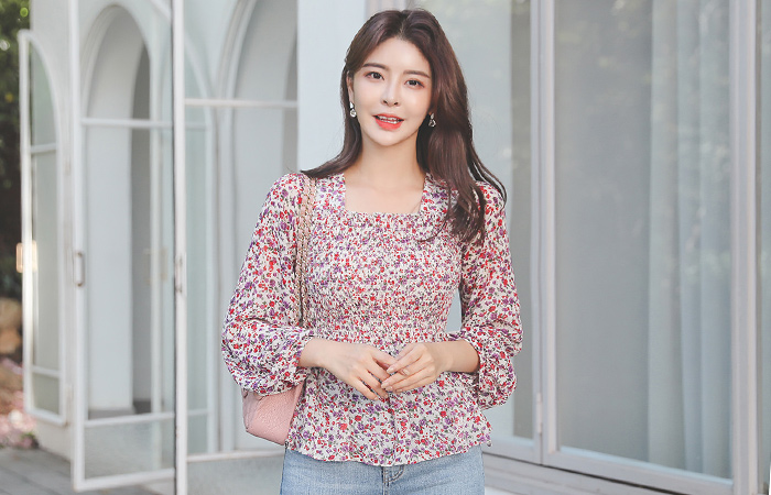 スクエアネック ワイド スモックバンド ブラウス