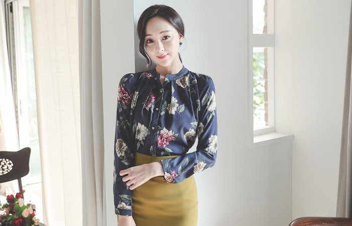 ホリック 花柄 シャーリング チャイナ ブラウス
