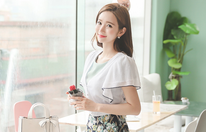 翼小売配色リネンミニカーディガン