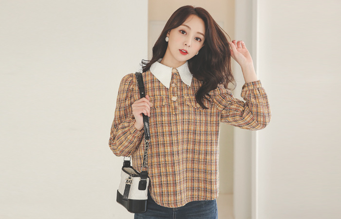 ジュエリー ボタン 配色 ツイード ブラウス