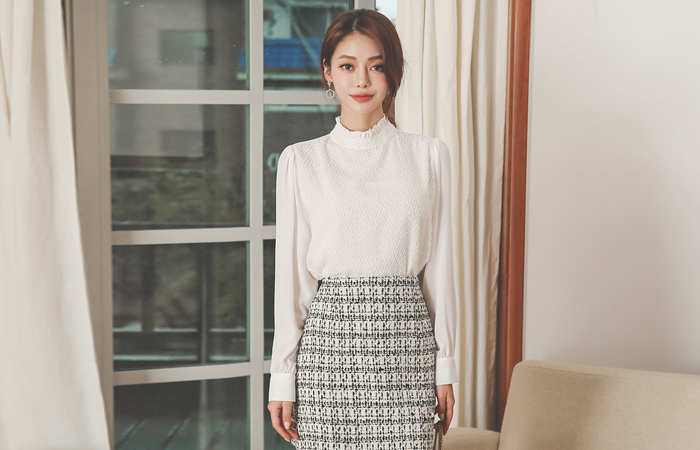 Gold パール ツイード 配色 フリル ブラウス