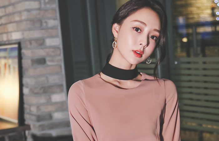 チョーカーネック パフ袖 マキシ ワイド ジャンプスーツ