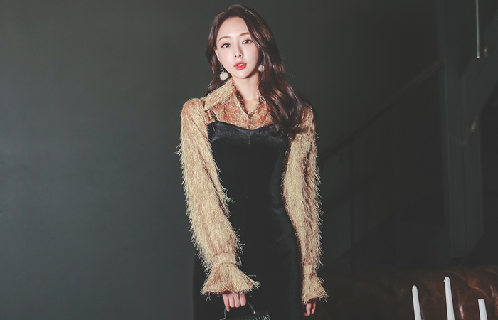 パールフリンジ ラッフル カフス カラー ブラウス