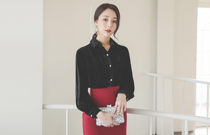 きらっと ベロア ボタン ブラウス