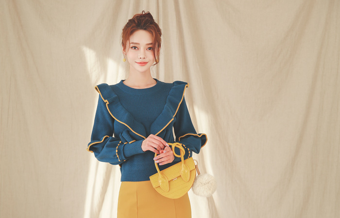 アンバランス ステッチ 配色 フリルライン ニットティーシャツ