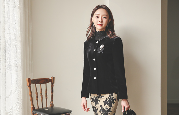 真珠 ベルベット フレア ラウンド ジャケット