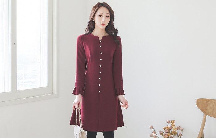 ハートネックプリーツ カフス真珠 ワンピース