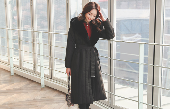 Eco ミンクファー トリミング ベルティード フード　 バディング