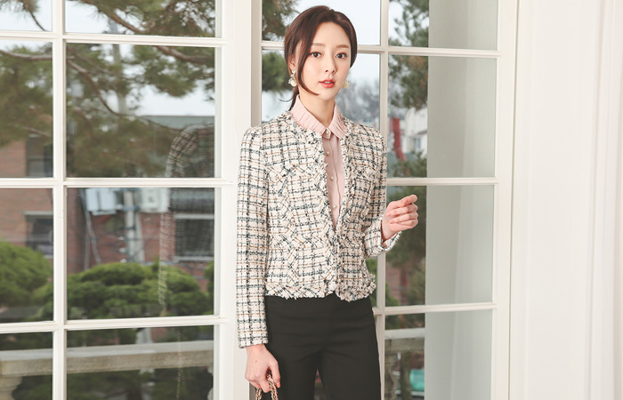 フリンジ 配色 真珠 ツイード ショット ジャケット