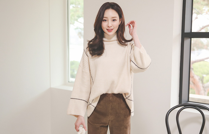 配色 裏地 コール天 タートルネック バクシー ニット