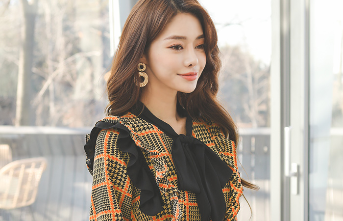 ハウンドトゥース チェック スクエア タイ フリルライン ロング ワンピース