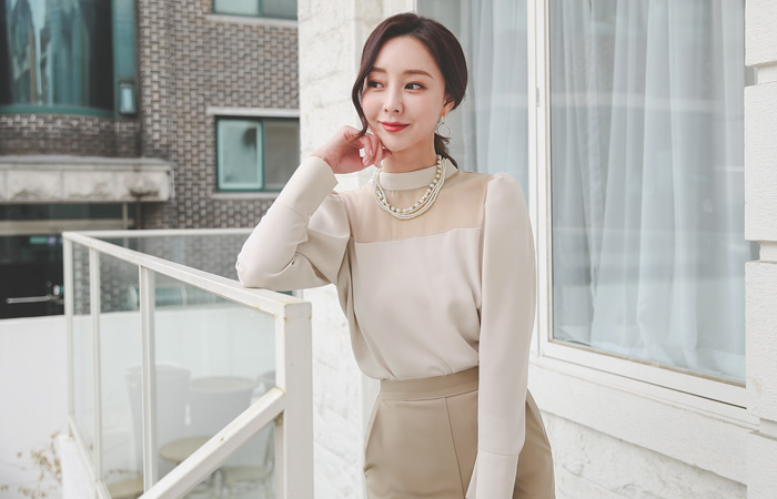 スクエア シースルー ビショップスリーブ ハーフネック ブラウス