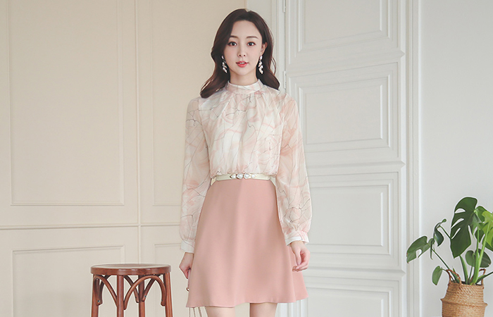 ハイネック マーブル 配色 フレア ワンピース