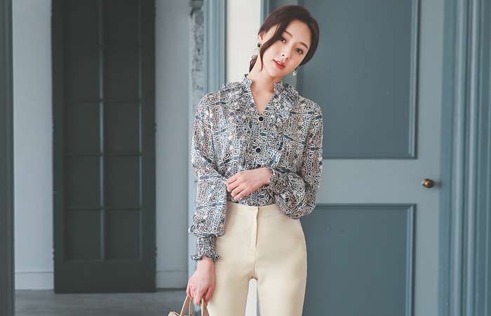 アンティーク捺染 ラッフル スモック 袖 ブラウス