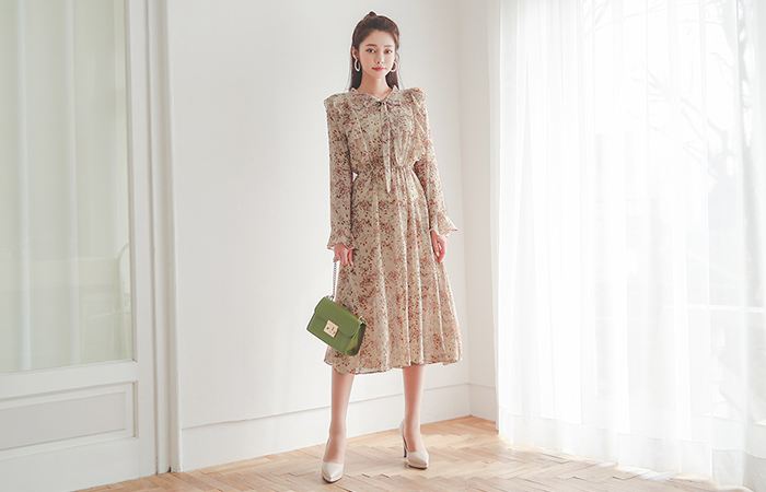 マリーゴールド リボンタイ ラッフル シフォン ワンピース