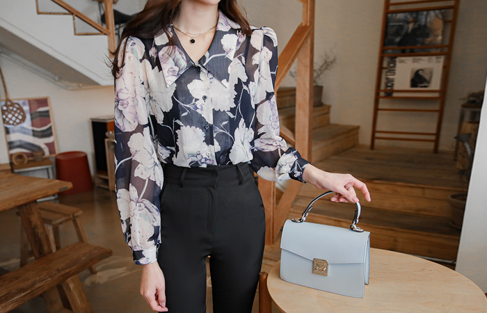 ビッグカラー スマッジング 花柄 シースルー ブラウス