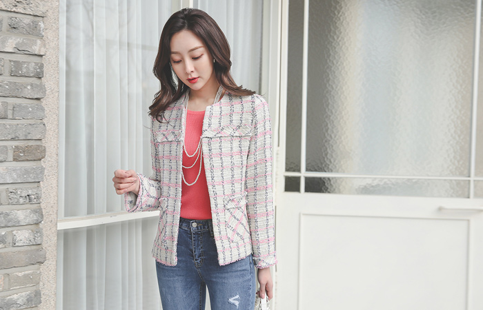 ラベンダー カラー フリンジ 配色 ツイード ジャケット