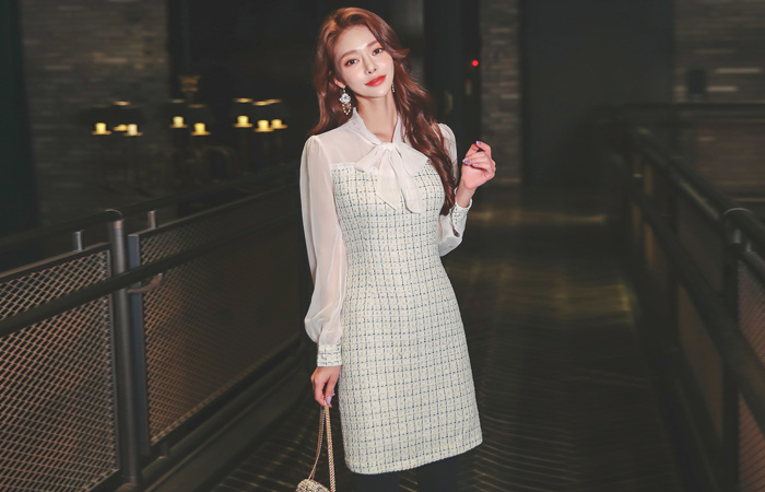 シースルー シフォン 配色 ツイード ミニ ワンピース