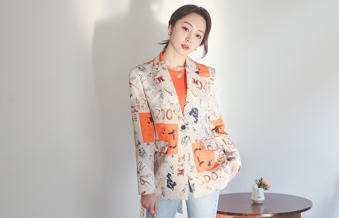ジャカード アート ドローイング ワンボタン ジャケット