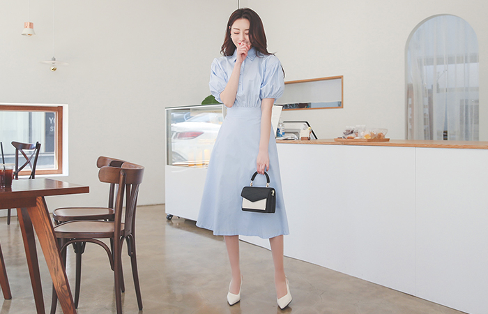 コットン パフ 袖 後面バンド ワンピース