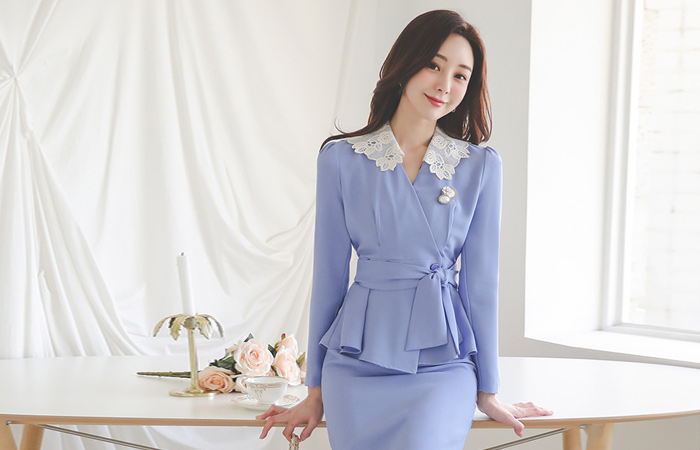 モチーフ レース刺繍 ボタンラップ ペプラム ジャケット&ブラウス