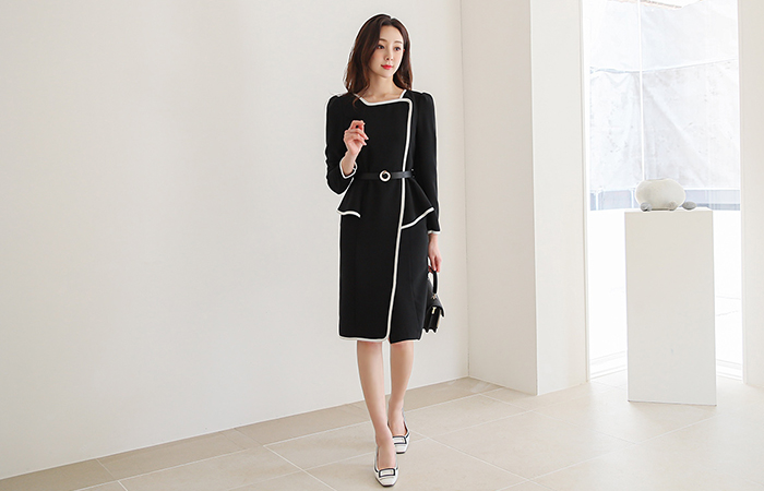 スクエアネック バイアス ペプラム ワンピース