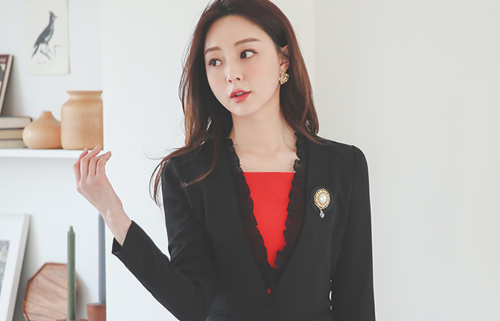 シフォン フリル トリミング ノーカラー ジャケット