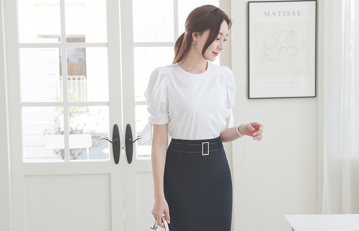 シルバーボール トリミング パフ リボン袖 弾力 ブラウス