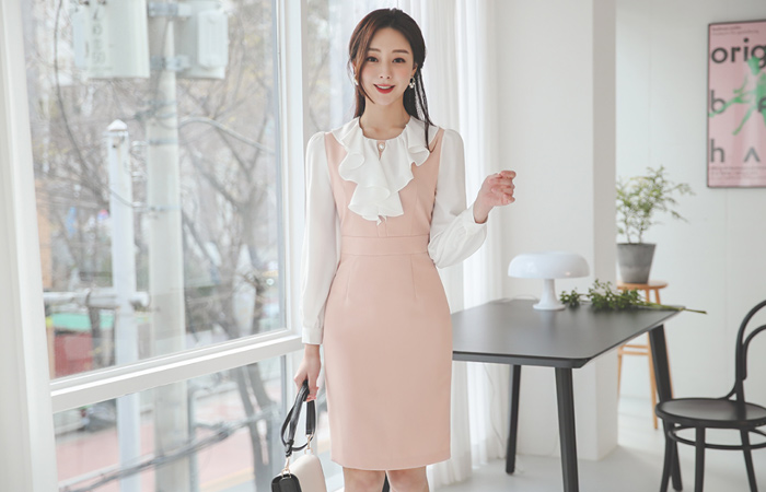 ゴールド真珠 ラッフルライン シフォン スリーブ 弾力 ワンピース