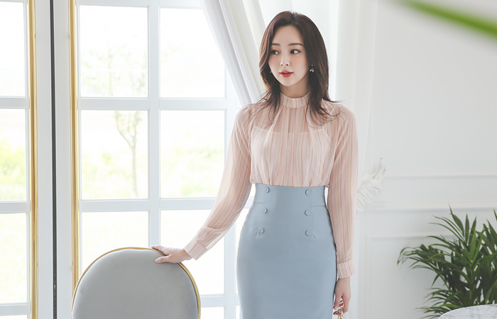 ハイネック ストライプ シフォン ブラウス