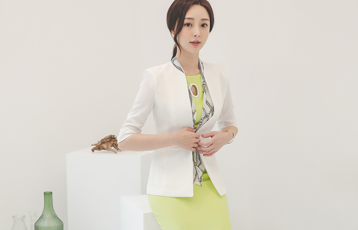 ラグジュアリー チェーン スカーフ ノーカラー 弾力 ジャケット