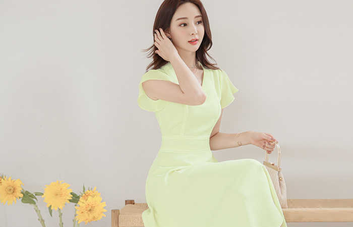 刺繍 トリミング パピヨンスリープ シフォン ワンピース