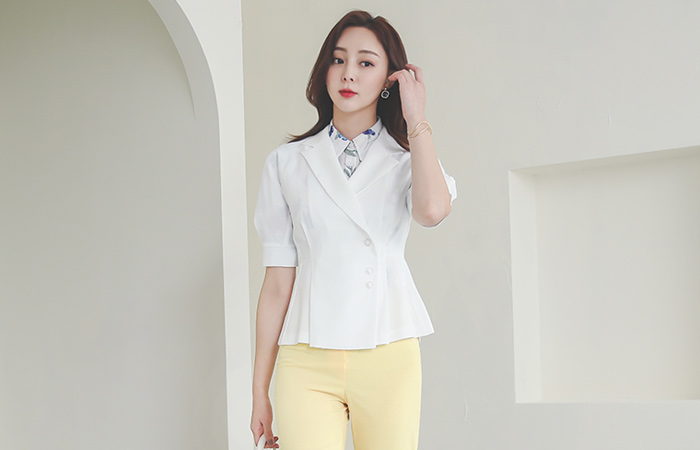 サイド シルバーボタン パフ袖 ラップ ペプラム ジャケット