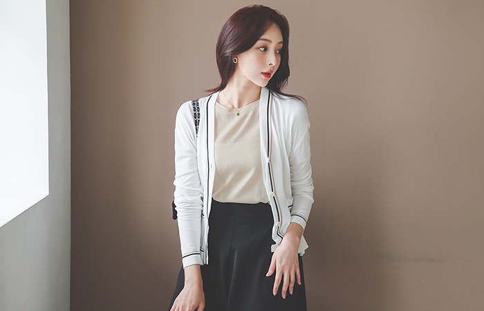 カラー 裏地 配色 ブイネック ポケット カーディガン