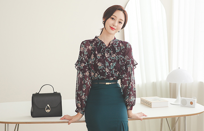 ムード 花柄 ラッフル リボンタイ ブラウス