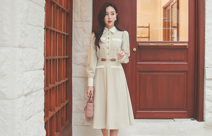 Stella ポケット 配色 ゴールドバックル シャツ ワンピース