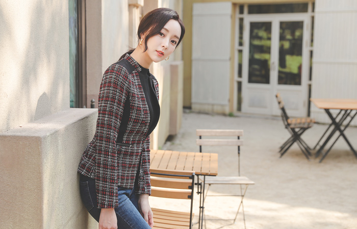 ツイード エポレット 配色 スリム ノーカラー ジャケット